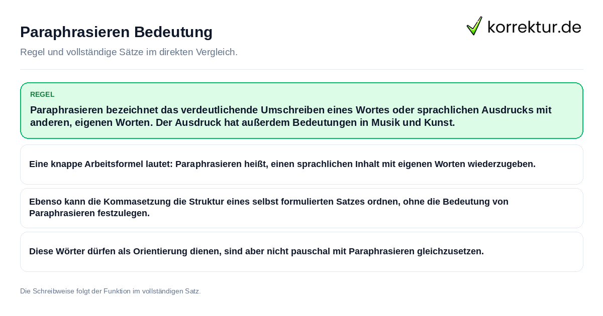 Konkrete Regel und vollständige Beispielsätze zu Paraphrasieren Bedeutung