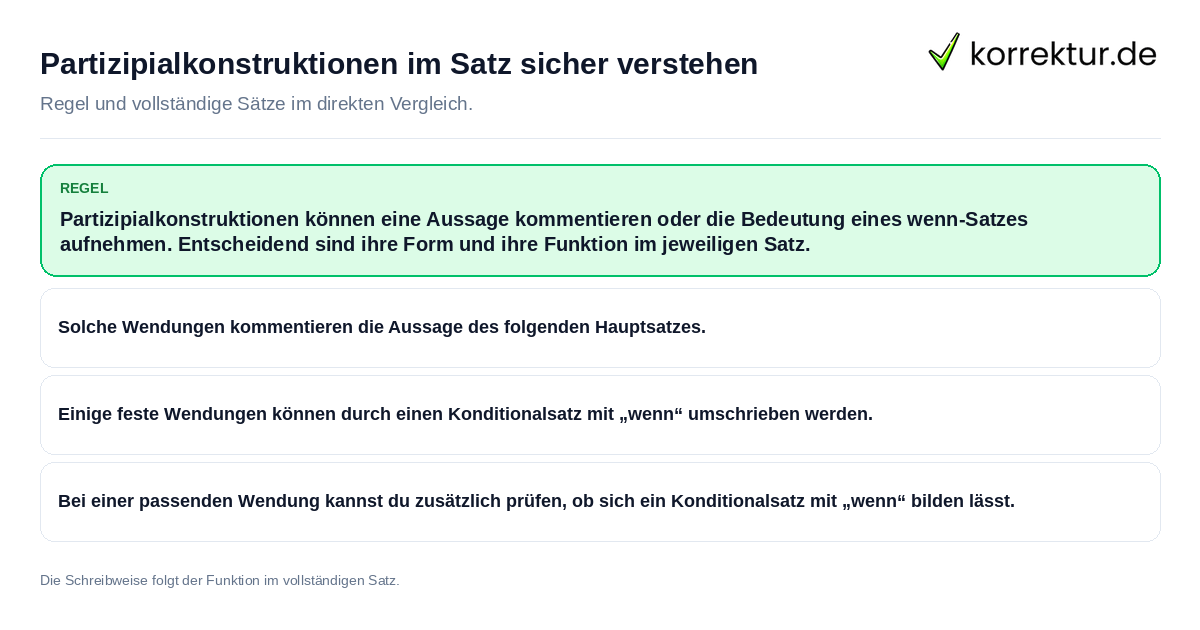 Konkrete Regel und vollständige Beispielsätze zu Partizipialkonstruktionen im Satz sicher verstehen