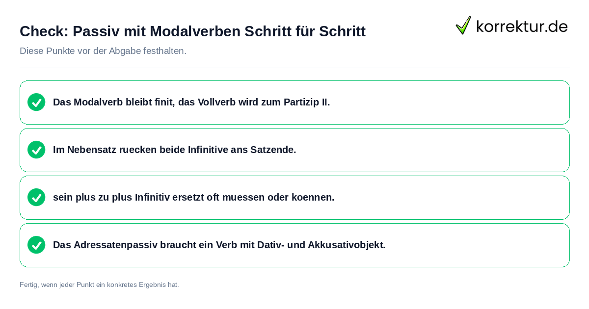 Passiv mit Modalverben Schritt für Schritt: Prüfliste mit vier Punkten