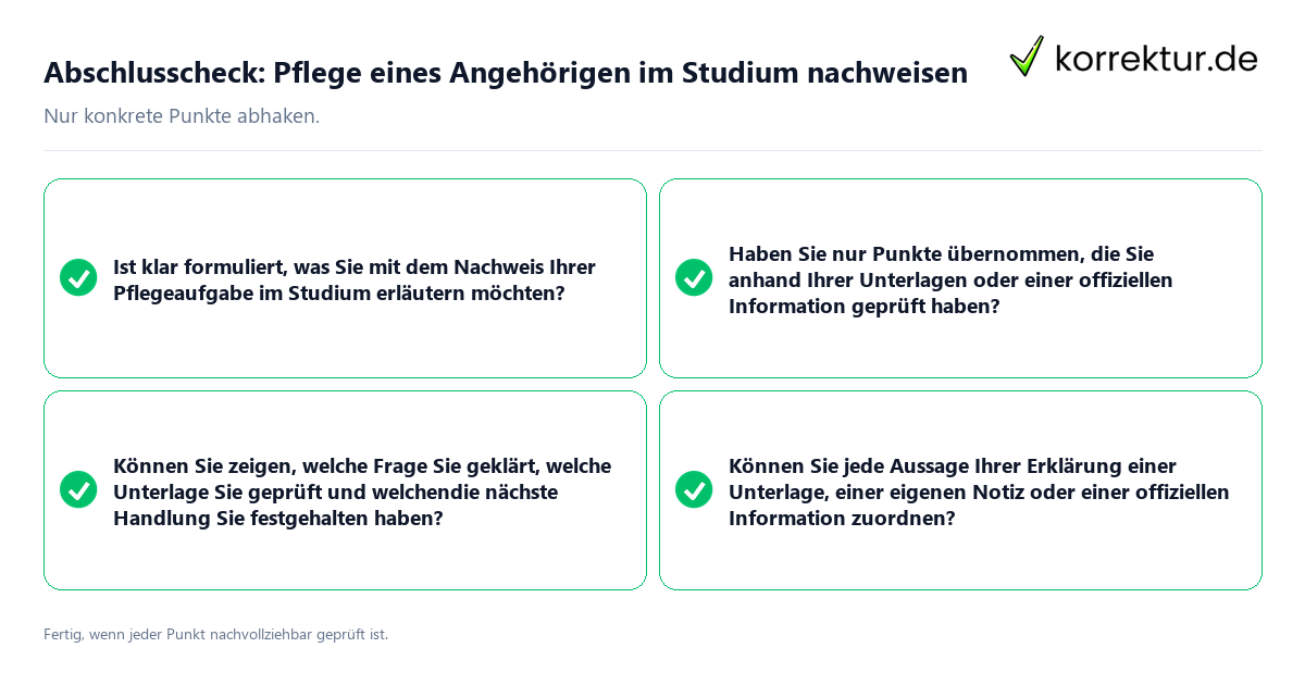Abschlusscheck: Pflege eines Angehörigen im Studium nachweisen Konkreter Abschlusscheck zu Pflege eines Angehörigen im Studium nachweisen