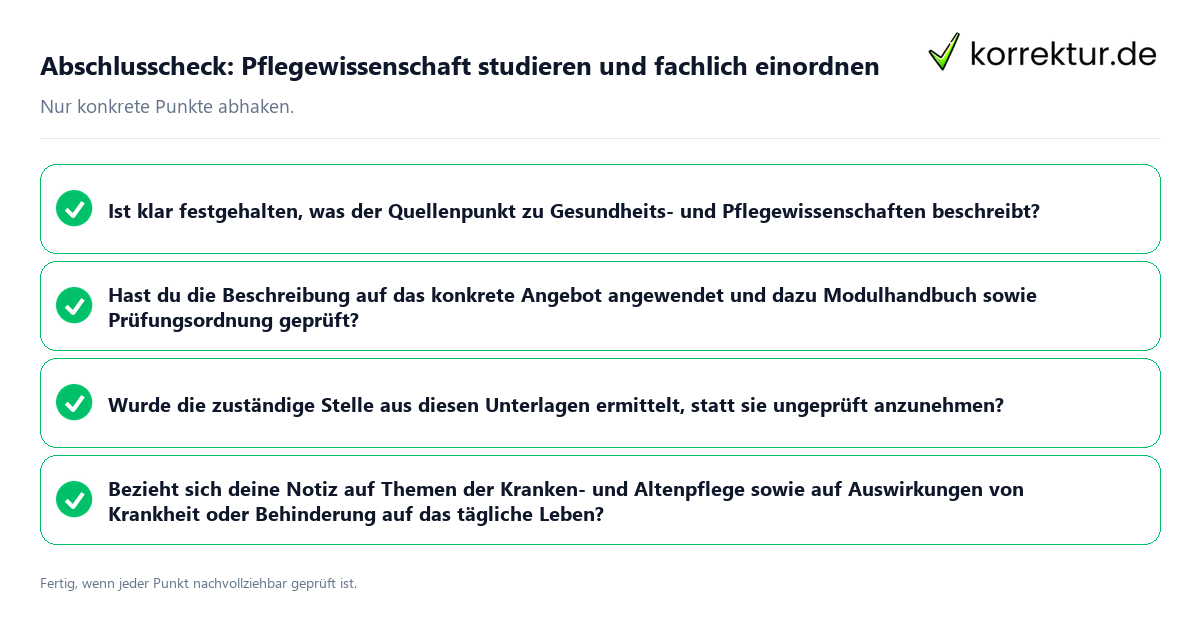 Konkreter Abschlusscheck zu Pflegewissenschaft studieren und fachlich einordnen