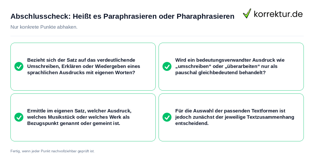 Konkreter Abschlusscheck zu Heißt es Paraphrasieren oder Pharaphrasieren