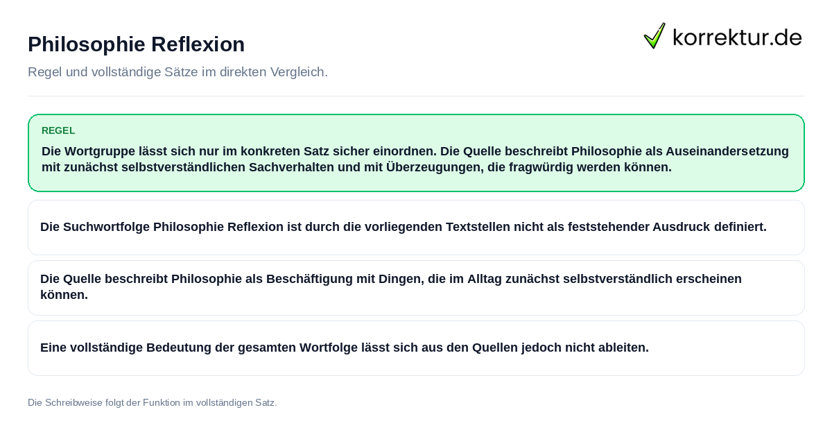 Konkrete Regel und vollständige Beispielsätze zu Philosophie Reflexion