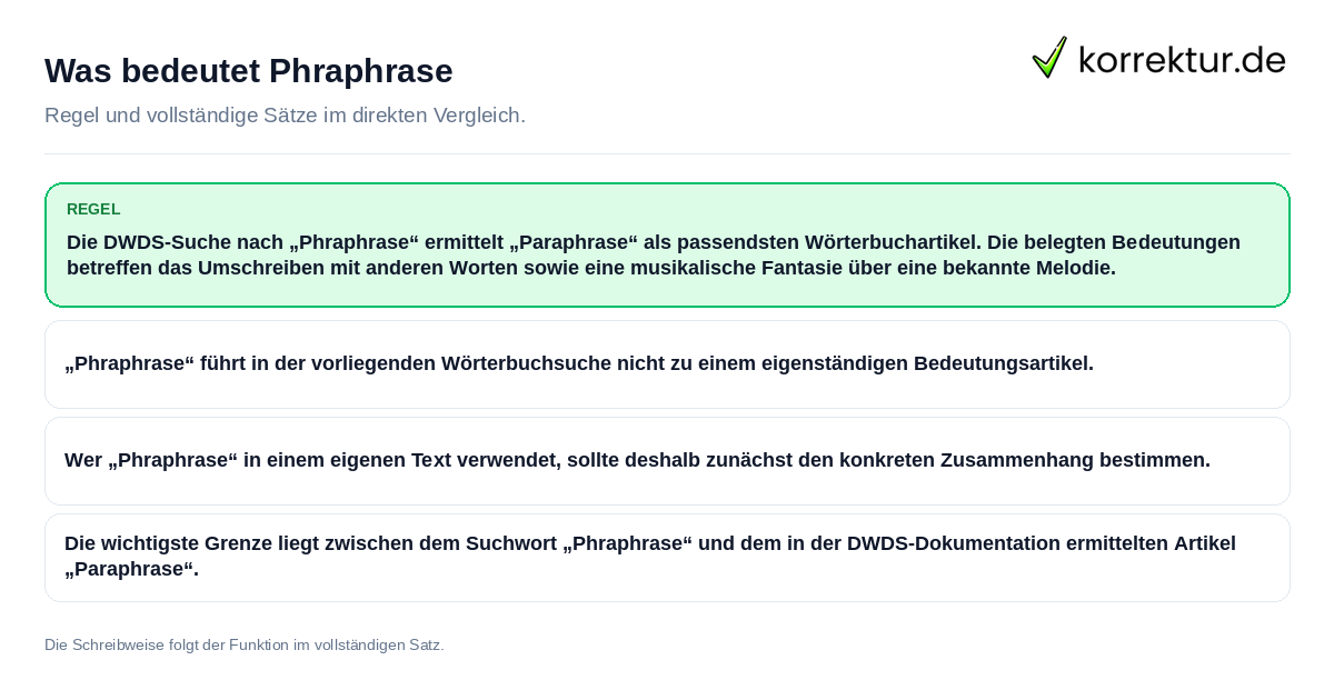 Konkrete Regel und vollständige Beispielsätze zu Was bedeutet Phraphrase