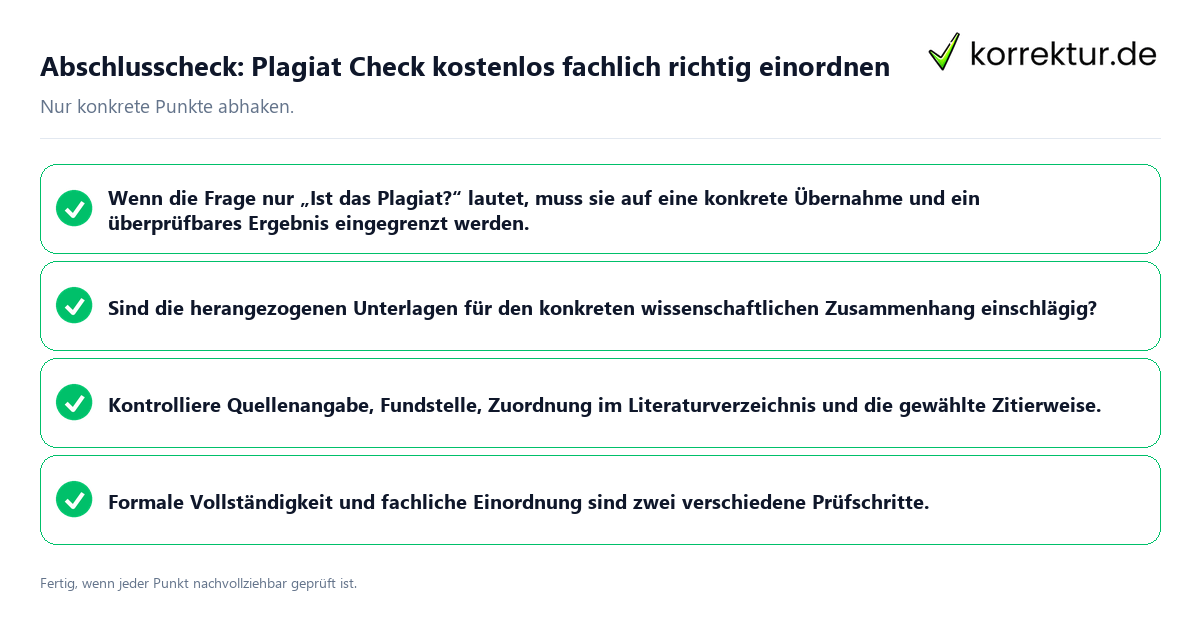 Konkreter Abschlusscheck zu Plagiat Check kostenlos fachlich richtig einordnen