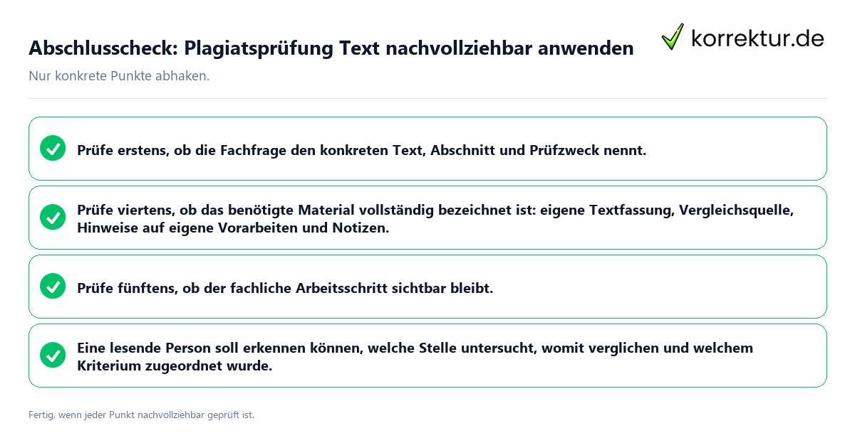 Konkreter Abschlusscheck zu Plagiatsprüfung Text nachvollziehbar anwenden
