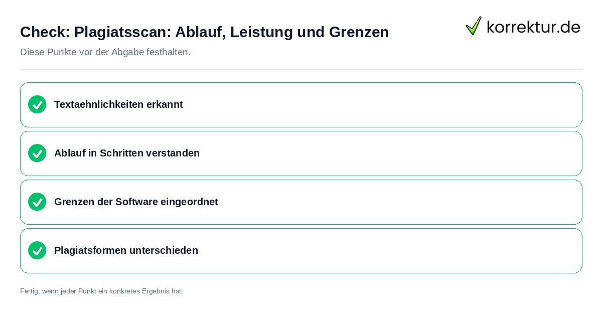 Plagiatsscan: Ablauf, Leistung und Grenzen: Prüfliste mit vier Punkten