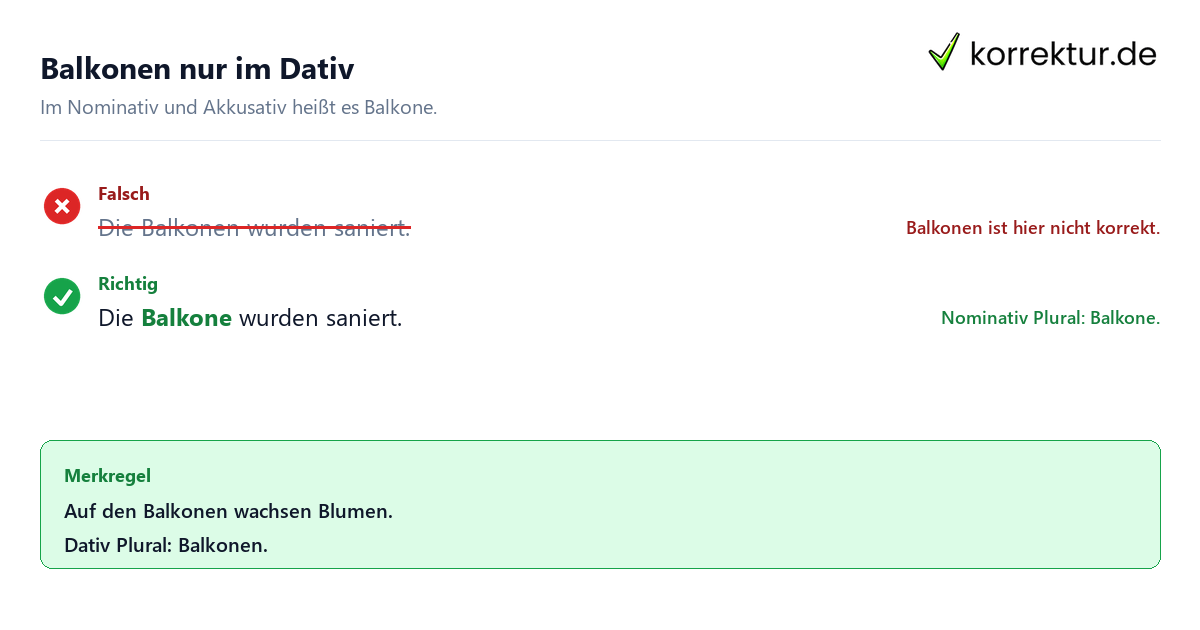 Balkonen nur im Dativ Plural von Balkon richtig verwenden: Balkone statt Balkonen