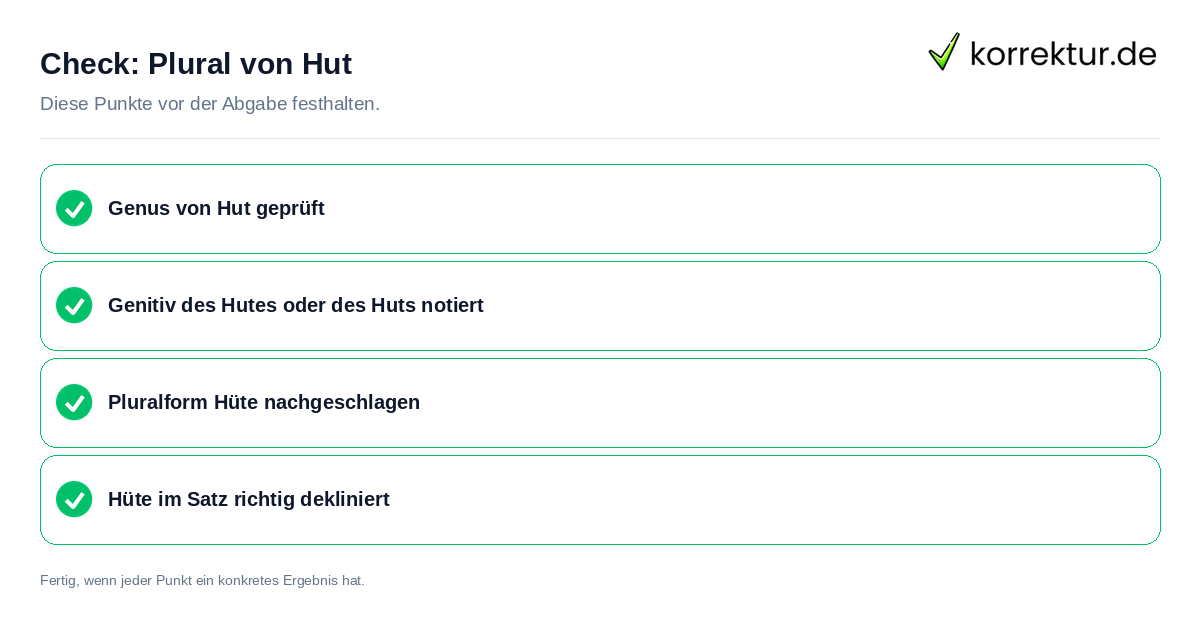 Plural von Hut: Prüfliste mit vier Punkten