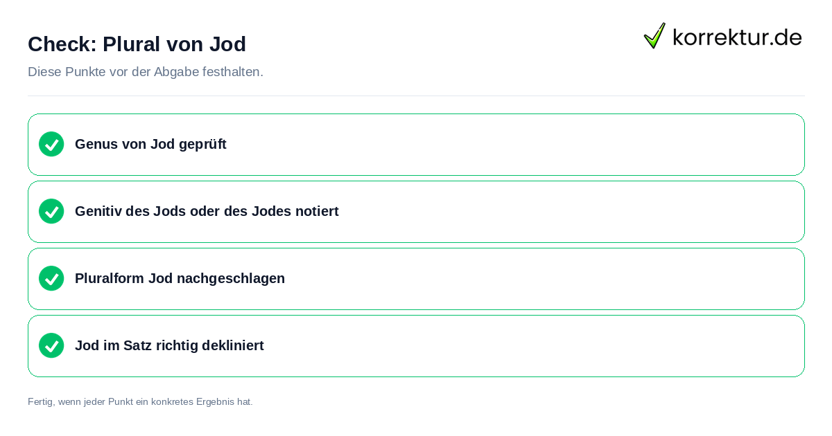 Plural von Jod: Prüfliste mit vier Punkten