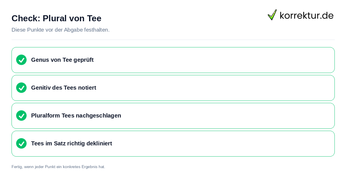 Check: Plural von Tee Plural von Tee: Prüfliste mit vier Punkten