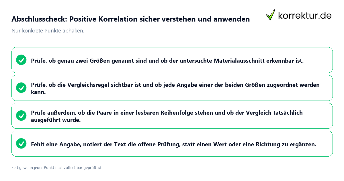 Abschlusscheck: Positive Korrelation sicher verstehen und anwenden Konkreter Abschlusscheck zu Positive Korrelation sicher verstehen und anwenden