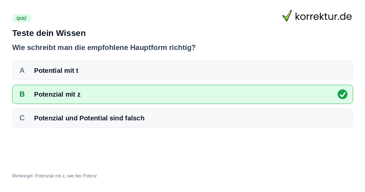 Teste dein Wissen Quiz zur richtigen Schreibweise von Potenzial oder Potential