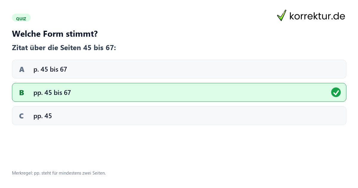 Welche Form stimmt? pp Bedeutung Quiz zur richtigen Seitenangabe im Zitat