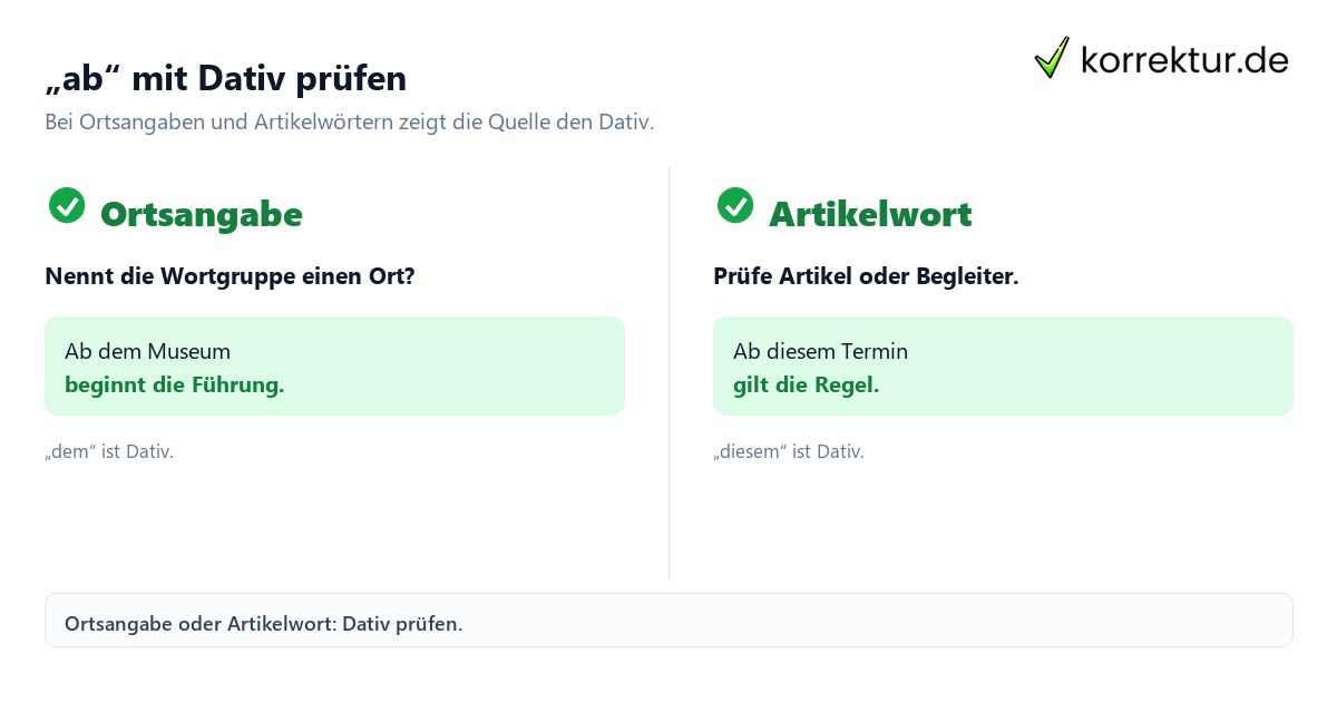 Wie die Präposition „ab“ im Satz funktioniert: Ortsangabe und Artikelwort im Dativ