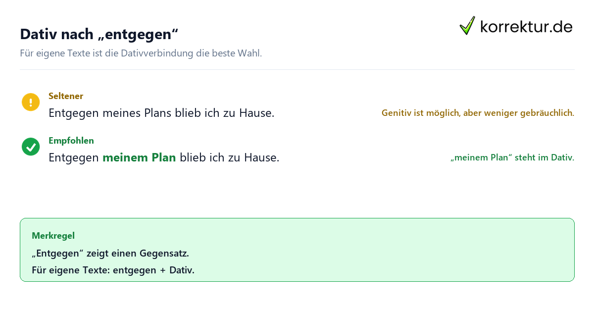 Was bedeutet „entgegen“ als Präposition? Richtige Dativform