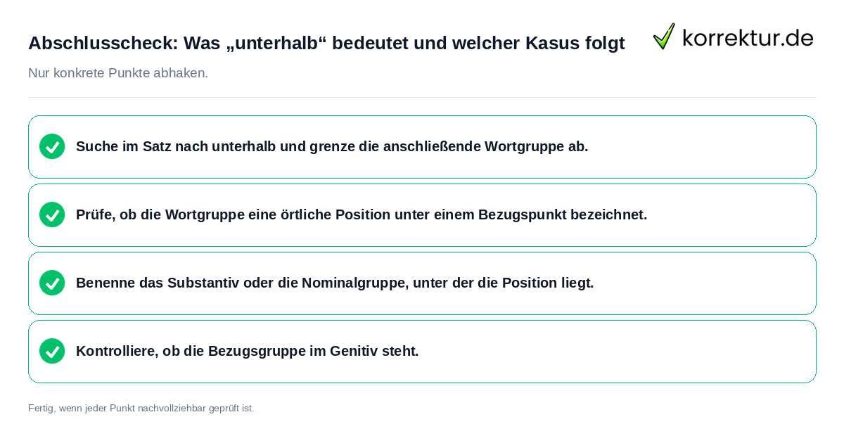 Abschlusscheck: Was „unterhalb“ bedeutet und welcher Kasus folgt Konkreter Abschlusscheck zu Was „unterhalb“ bedeutet und welcher Kasus folgt