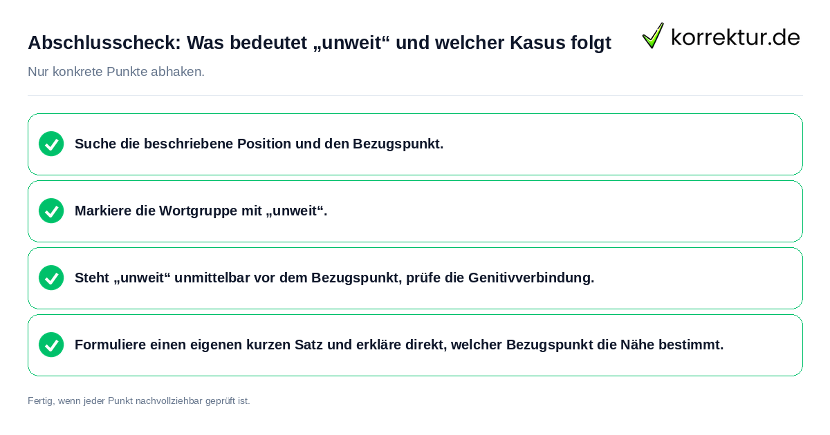 Konkreter Abschlusscheck zu Was bedeutet „unweit“ und welcher Kasus folgt
