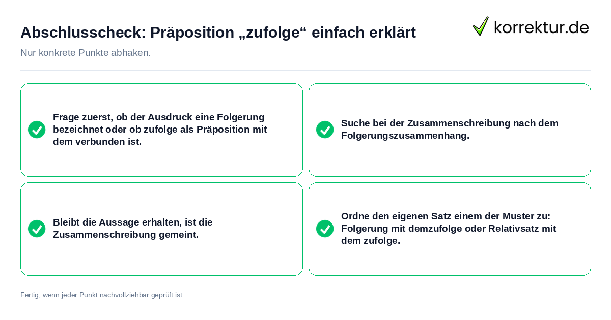 Konkreter Abschlusscheck zu Präposition „zufolge“ einfach erklärt