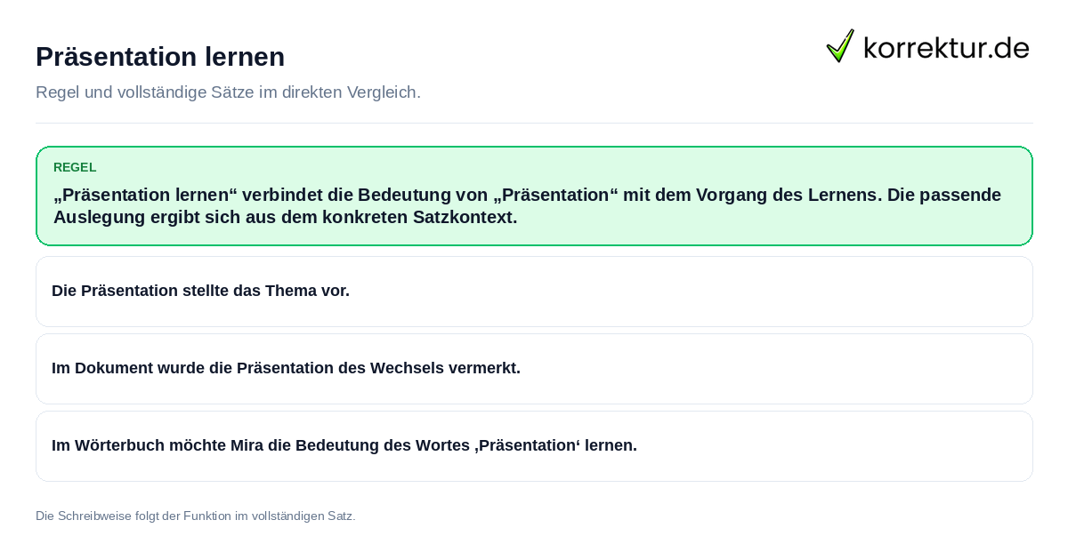 Konkrete Regel und vollständige Beispielsätze zu Präsentation lernen