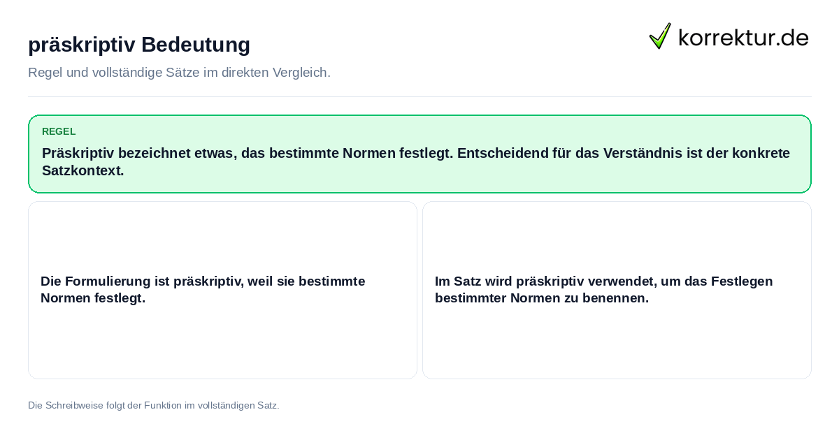 Konkrete Regel und vollständige Beispielsätze zu präskriptiv Bedeutung