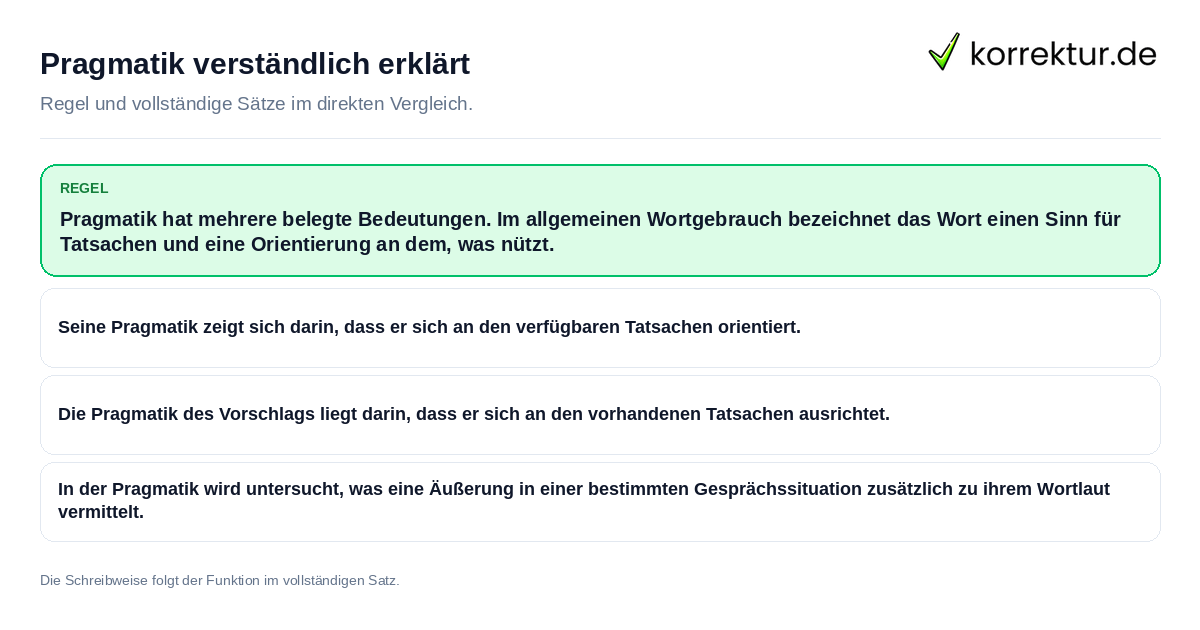 Konkrete Regel und vollständige Beispielsätze zu Pragmatik verständlich erklärt