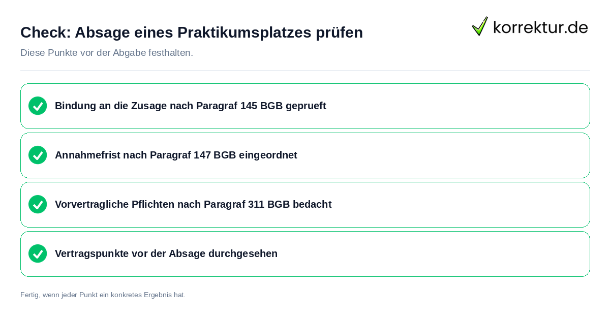 Absage eines Praktikumsplatzes prüfen: Prüfliste mit vier Punkten