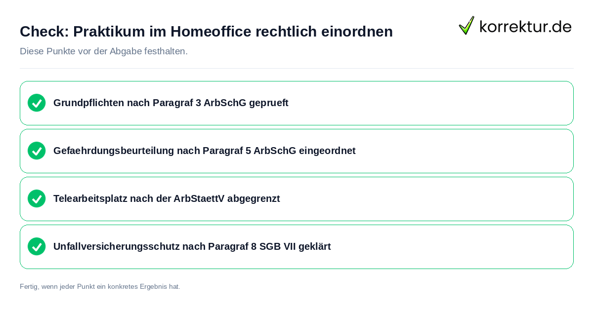 Praktikum im Homeoffice rechtlich einordnen: Prüfliste mit vier Punkten