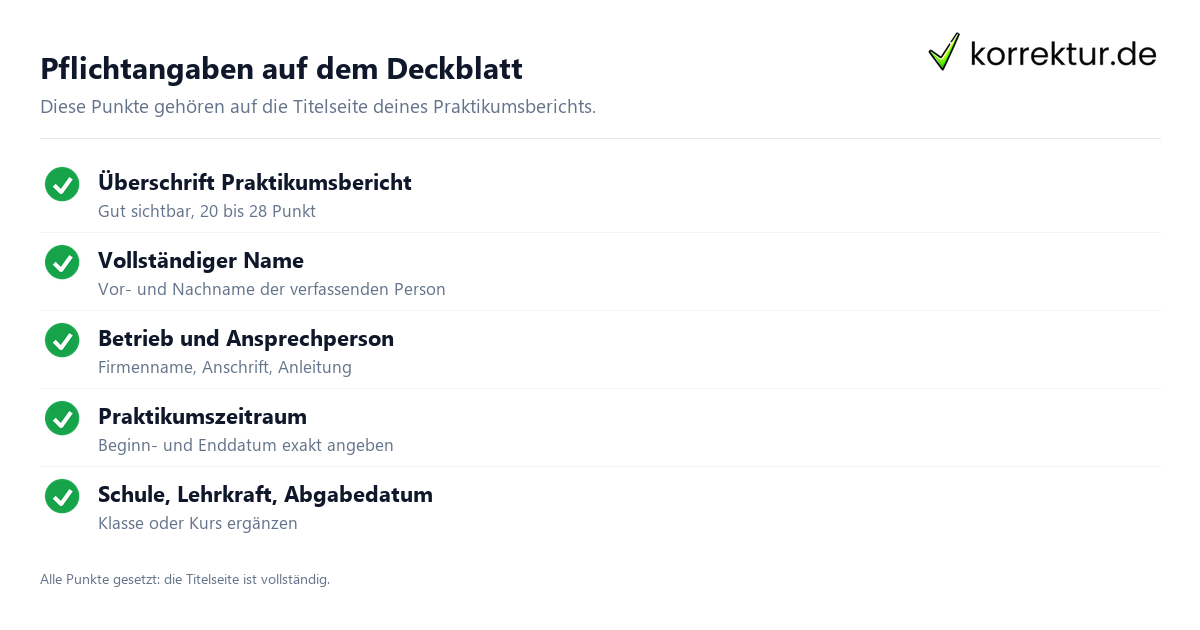 Pflichtangaben auf dem Deckblatt Praktikumsbericht Deckblatt Pflichtangaben Checkliste