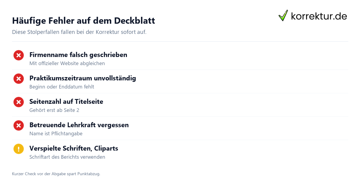 Häufige Fehler auf dem Deckblatt Praktikumsbericht Deckblatt häufige Fehler vermeiden