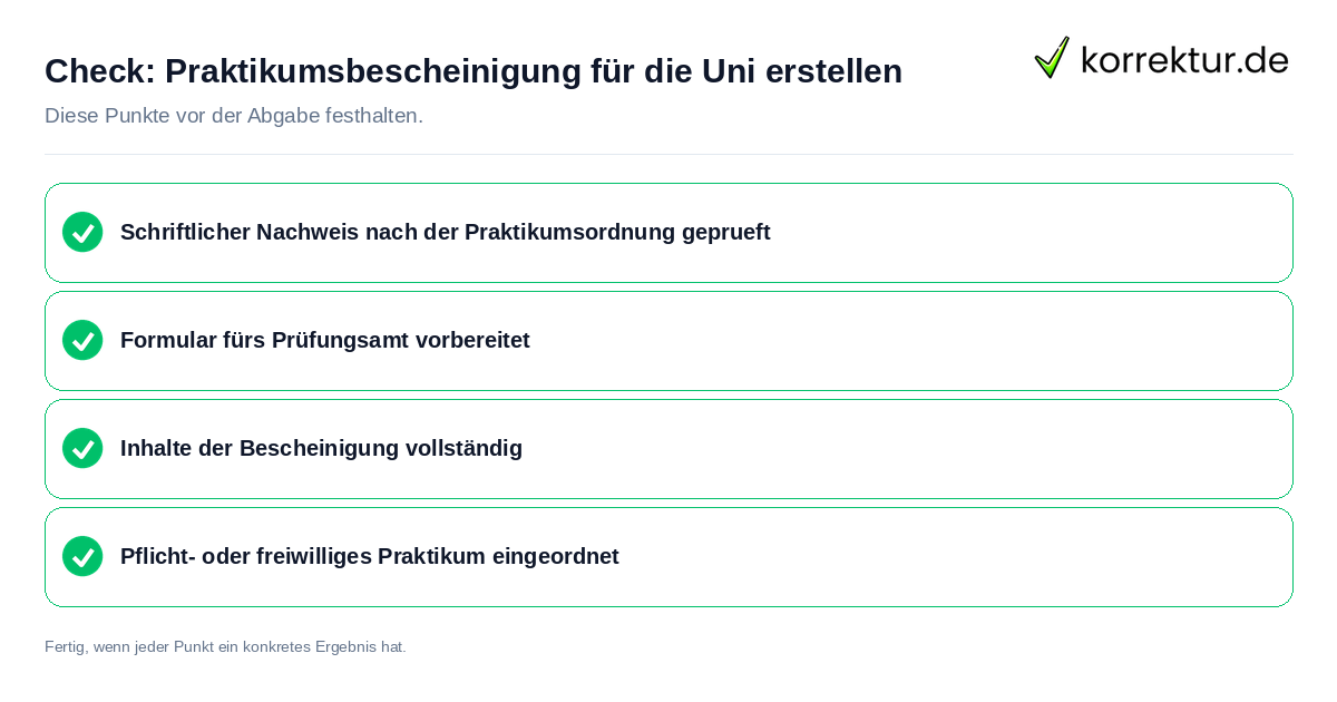 Praktikumsbescheinigung für die Uni erstellen: Prüfliste mit vier Punkten