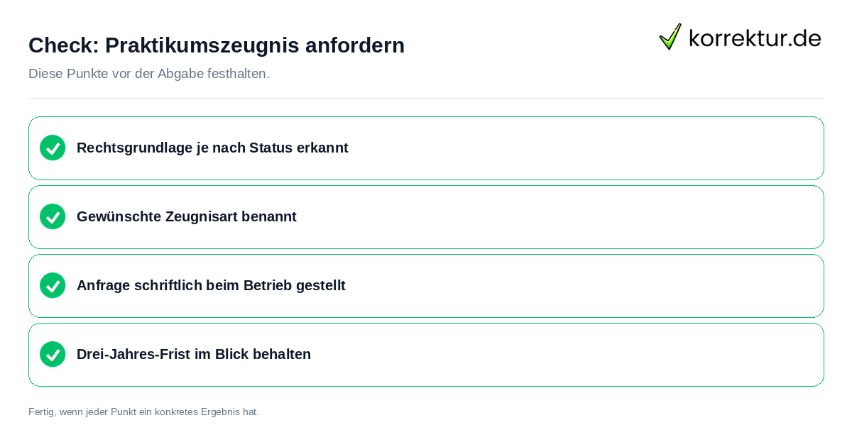 Praktikumszeugnis anfordern: Prüfliste mit vier Punkten