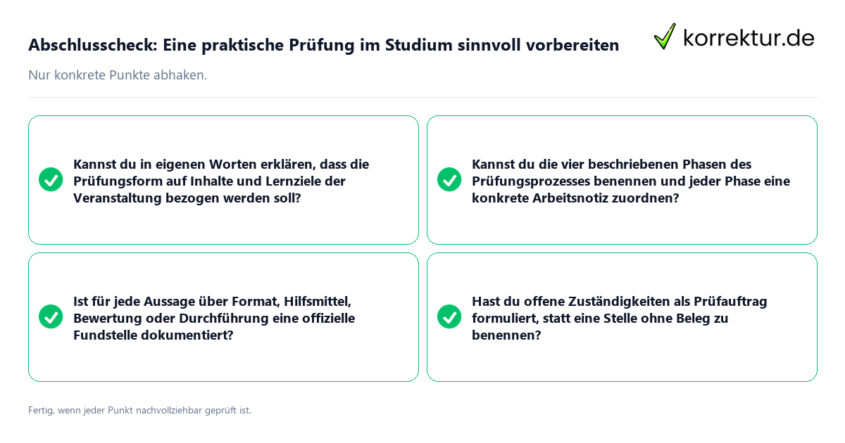 Konkreter Abschlusscheck zu Eine praktische Prüfung im Studium sinnvoll vorbereiten