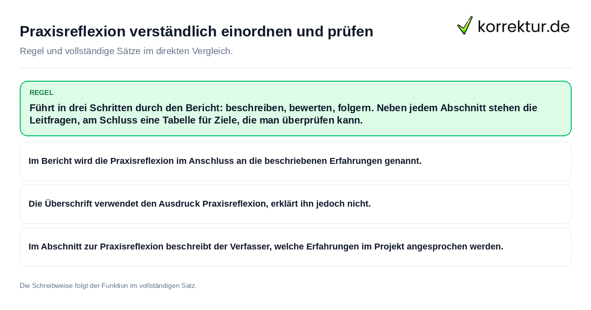 Konkrete Regel und vollständige Beispielsätze zu Praxisreflexion verständlich einordnen und prüfen