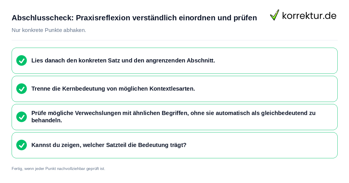 Konkreter Abschlusscheck zu Praxisreflexion verständlich einordnen und prüfen