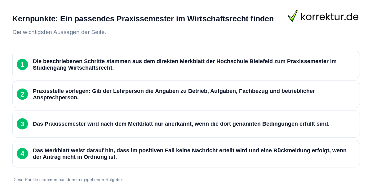 Kernpunkte: Ein passendes Praxissemester im Wirtschaftsrecht finden Konkrete Kernpunkte zu Ein passendes Praxissemester im Wirtschaftsrecht finden