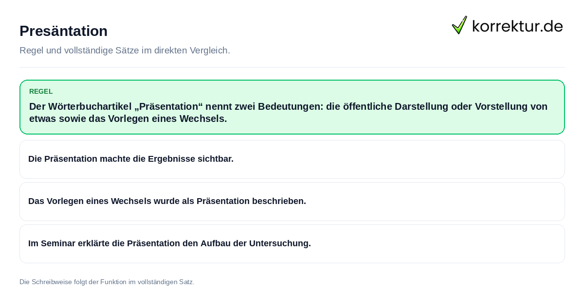 Konkrete Regel und vollständige Beispielsätze zu Presäntation