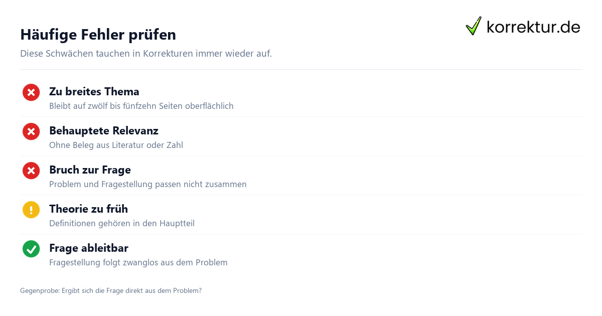 Häufige Fehler prüfen Problemstellung Hausarbeit: häufige Fehler und Qualitätscheck