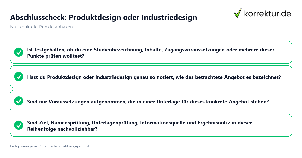 Konkreter Abschlusscheck zu Produktdesign oder Industriedesign