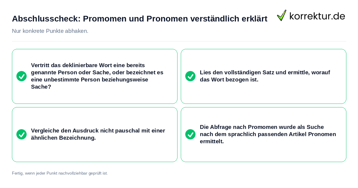 Konkreter Abschlusscheck zu Promomen und Pronomen verständlich erklärt
