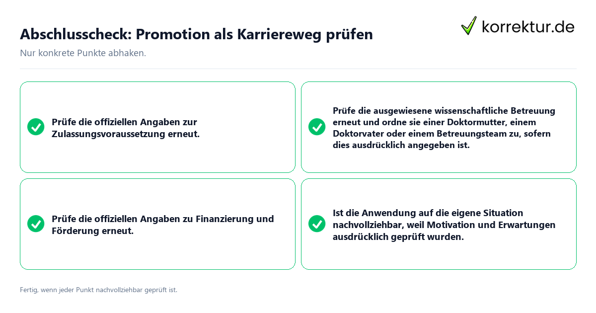Konkreter Abschlusscheck zu Promotion als Karriereweg prüfen