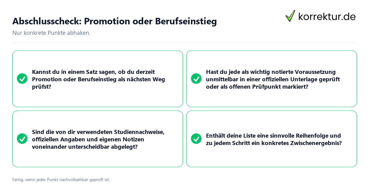 Konkreter Abschlusscheck zu Promotion oder Berufseinstieg