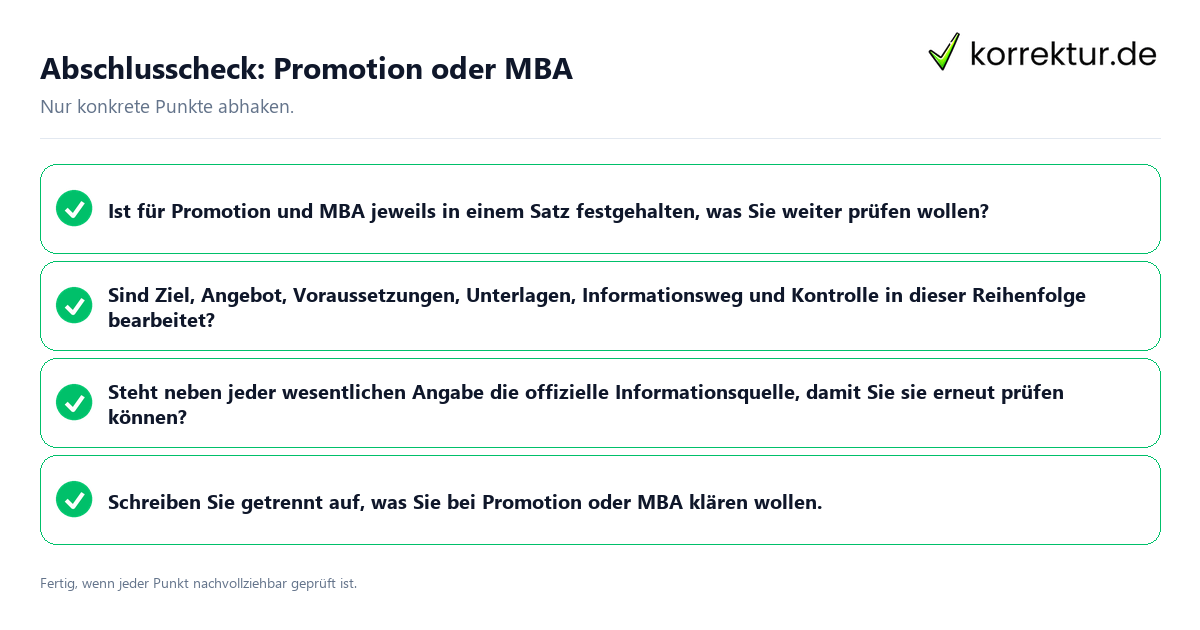 Konkreter Abschlusscheck zu Promotion oder MBA