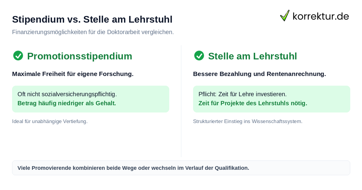 Stipendium vs. Stelle am Lehrstuhl Vergleich zwischen Promotionsstipendium und Stelle am Lehrstuhl bei der Finanzierung