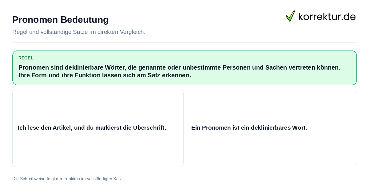Konkrete Regel und vollständige Beispielsätze zu Pronomen Bedeutung