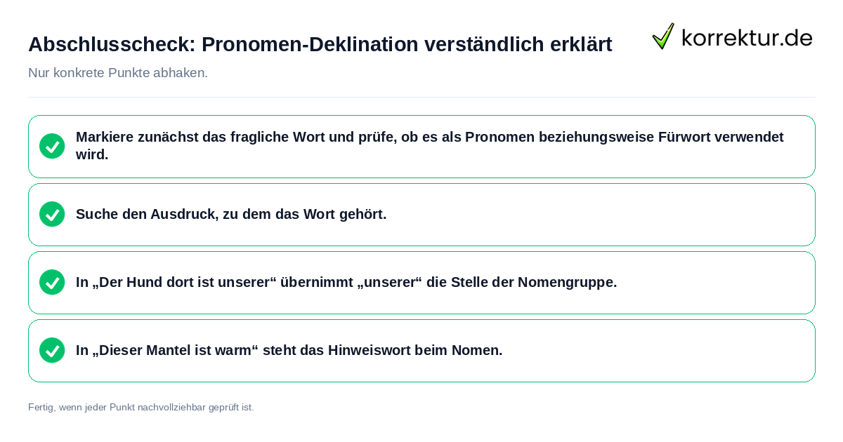 Konkreter Abschlusscheck zu Pronomen-Deklination verständlich erklärt