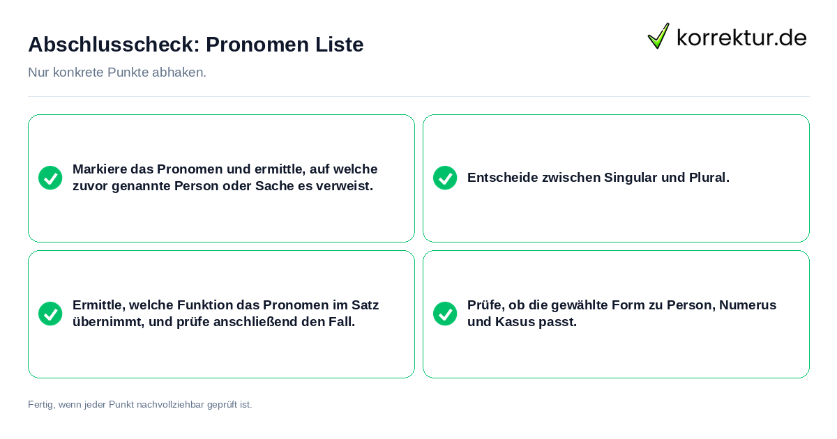 Konkreter Abschlusscheck zu Pronomen Liste