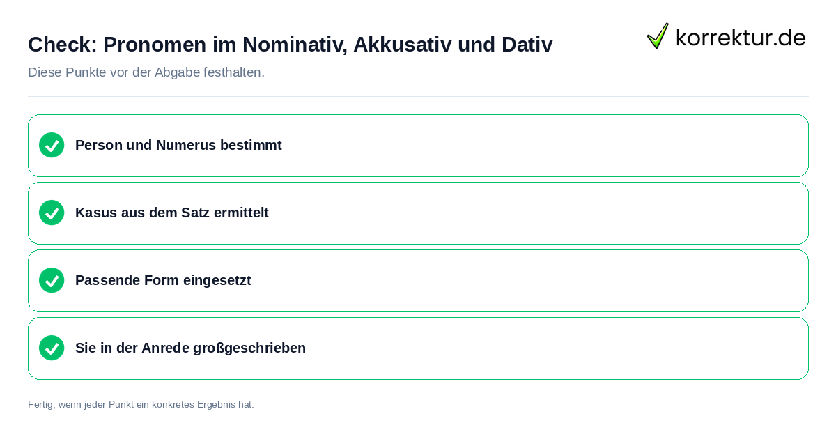Check: Pronomen im Nominativ, Akkusativ und Dativ Pronomen im Nominativ, Akkusativ und Dativ: Prüfliste mit vier Punkten