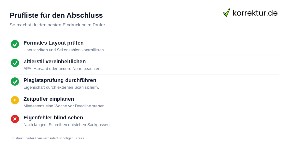 Prüfliste für den Abschluss Checkliste für die perfekte Vorbereitung vor der Abgabe