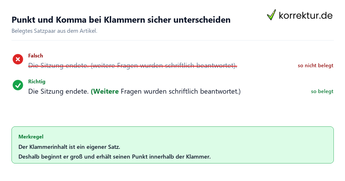 Falsches und richtiges Satzbeispiel zu Punkt und Komma bei Klammern sicher unterscheiden